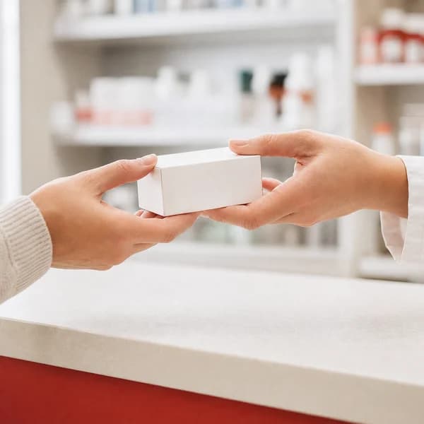 Hands exchanging a small white medicine box across a pharmacy counter
