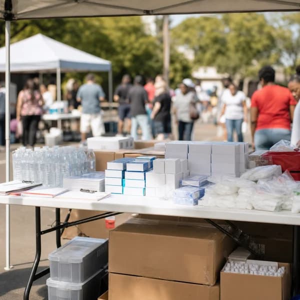 Outdoor health outreach table under a canopy with supplies