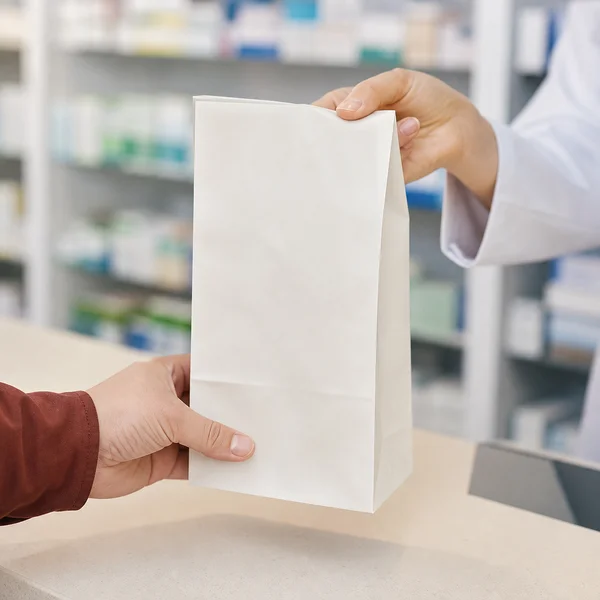A plain paper pharmacy bag being handed across a counter