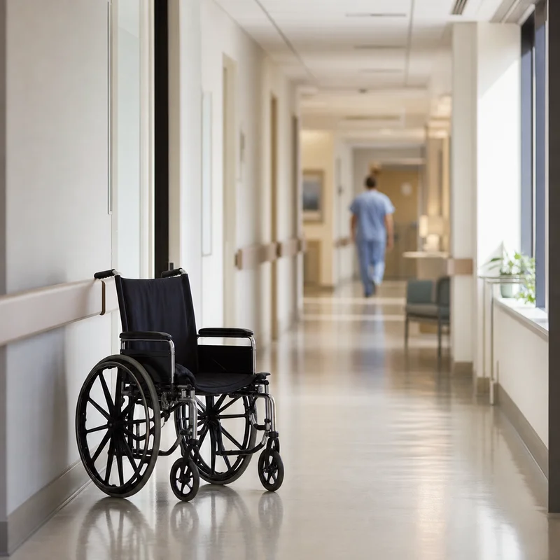 Clean hospital corridor with an unoccupied wheelchair against the wall