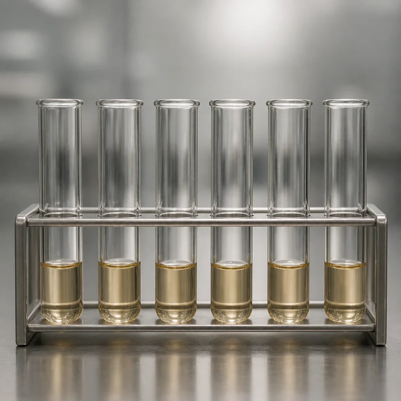 Glass laboratory test tubes in a metal rack on a stainless steel bench